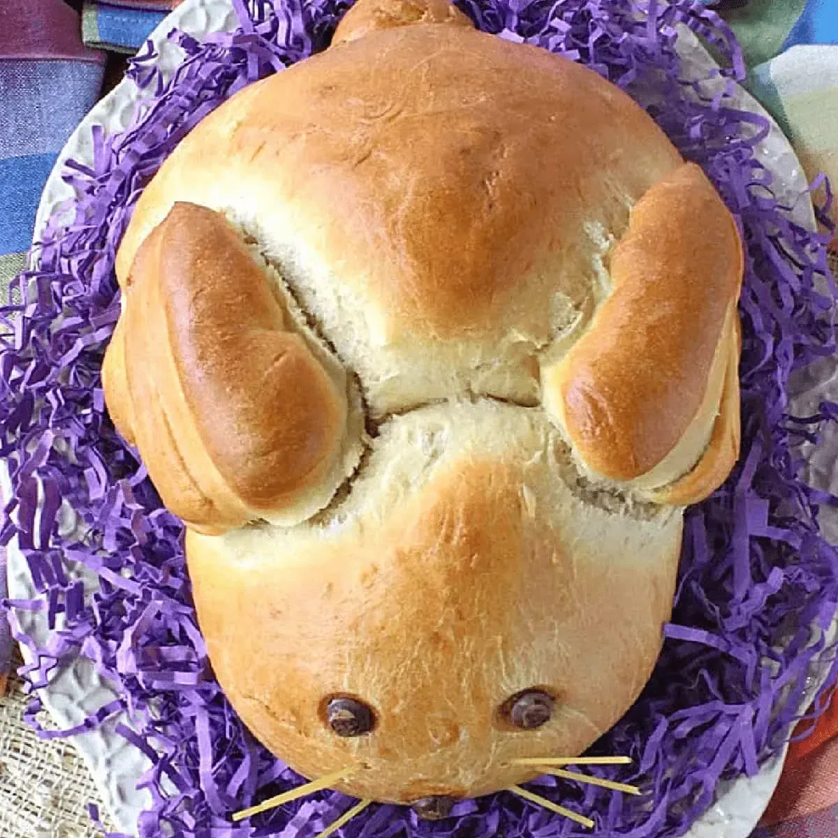Soft enriched Easter Bunny Bread shaped into a classic bunny face. Make one showpiece loaf or individual bunny rolls. Yeasted and sourdough versions included.