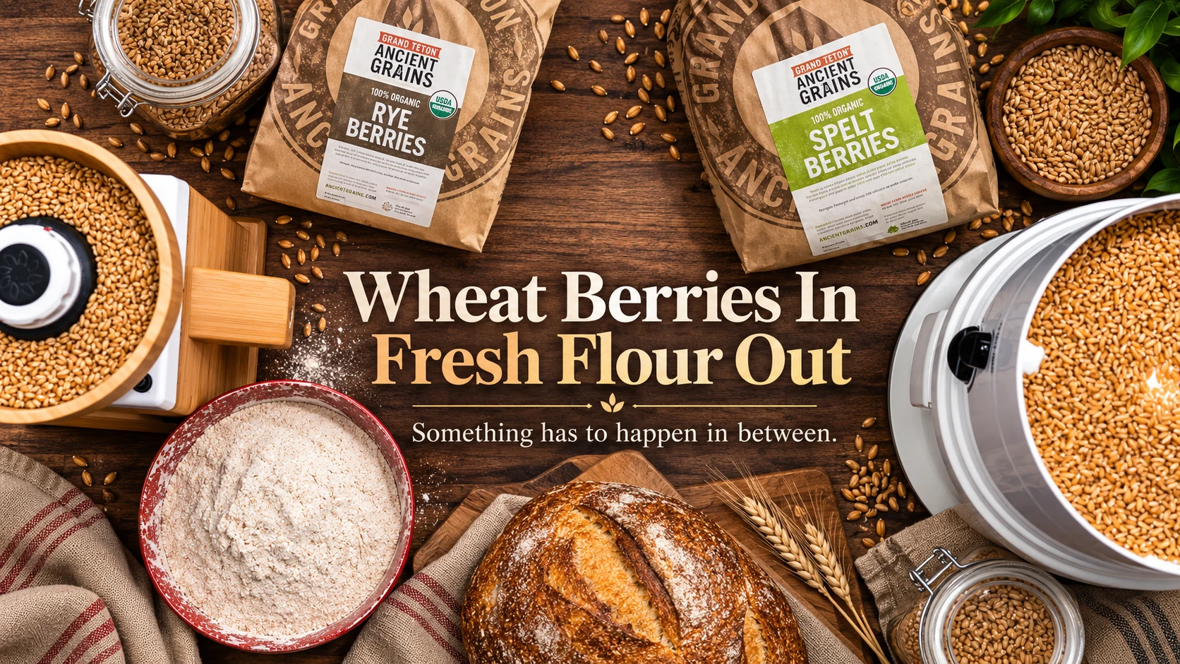 Grain mills, Grand Teton grain berries, fresh flour and a loaf of bread: wheat berries in, fresh flour out.