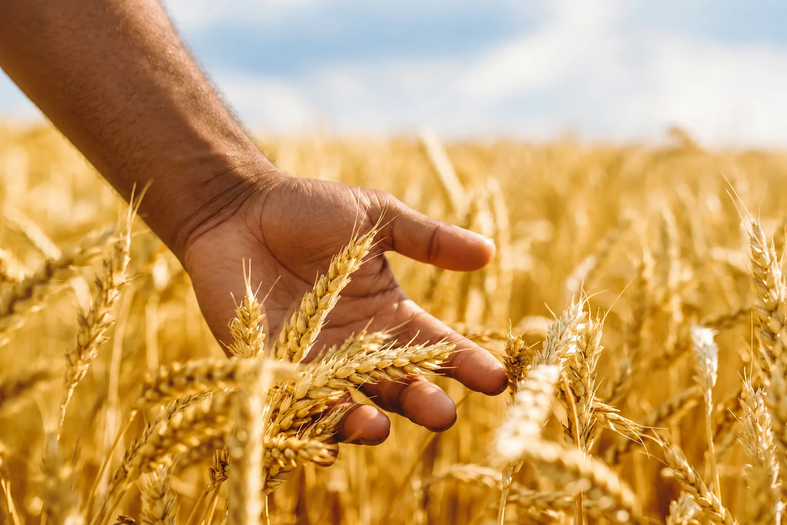 A hand brushing through golden wheat in a sunlit field