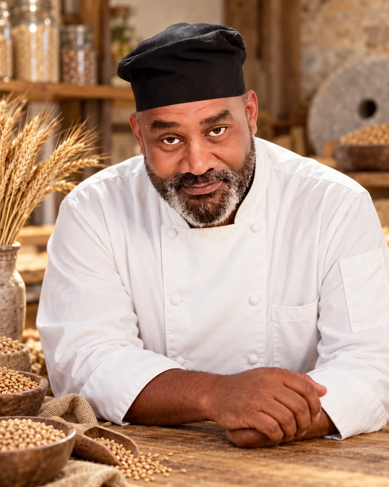 Henry Hunter in a chef’s coat and black hat at a kitchen counter with grain