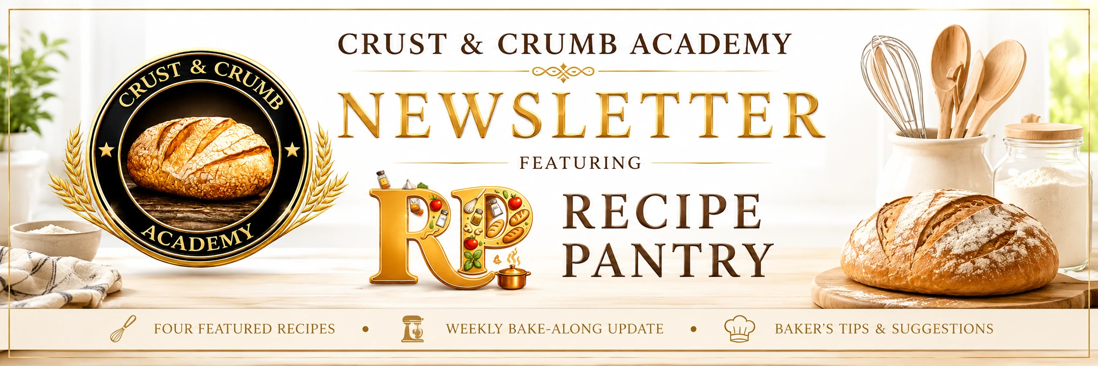 Crust & Crumb Academy newsletter featuring Recipe Pantry: four featured recipes, weekly bake-along update, and baker’s tips and suggestions.