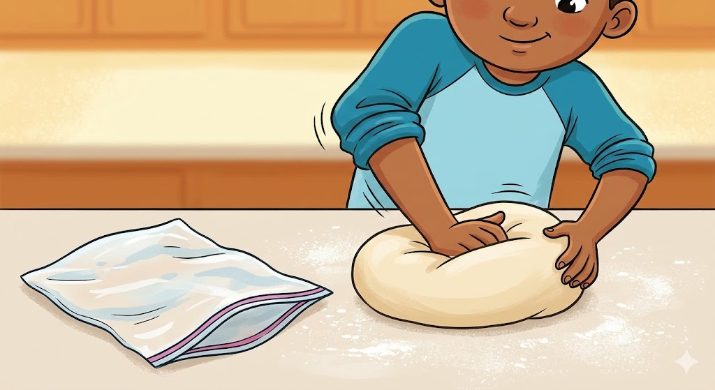 Cartoon illustration of a child kneading bread dough on a floured surface after removing it from the bag