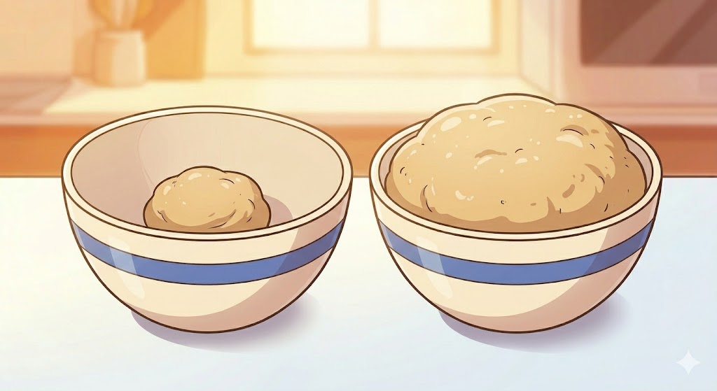 Cartoon illustration of pretzel dough resting in a covered bowl, slightly puffed